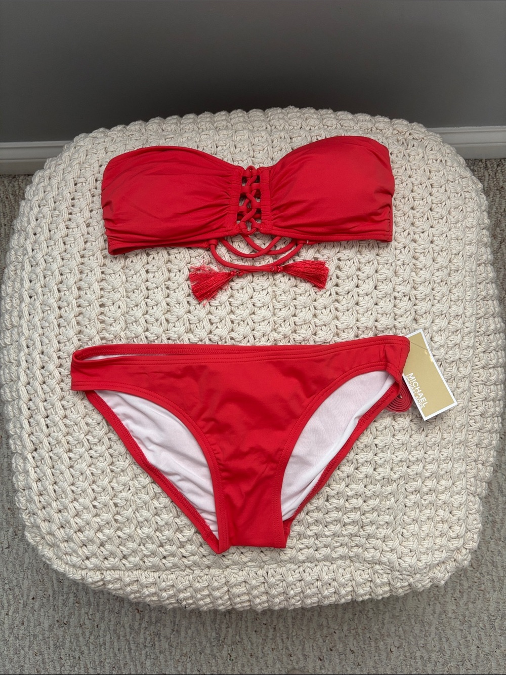 NWT Michael Kors Red Braided Bandeau Bikini XS